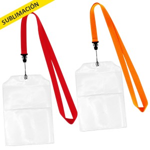 A22  	 Lanyard "Fair" de polyester liso de 1.5 cm de ancho para sublimación, con terminal Porta-Credencial doble de PVC Clear, permite introducir 2 tarjetas informativas, una con los datos del evento o la compañía, y la otra con los datos personales del i